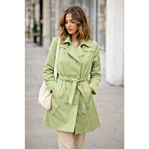 Jones New York Trench Coat Green Double Breast Buttons Belt Pockets Lined Size S